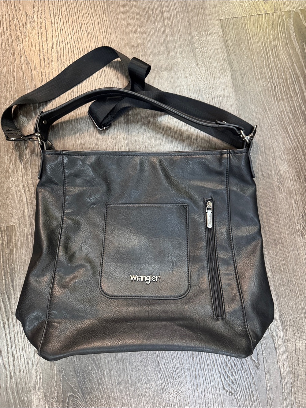 Wrangler Black Faux Leather Messenger Bag with Front Zip Pocket
